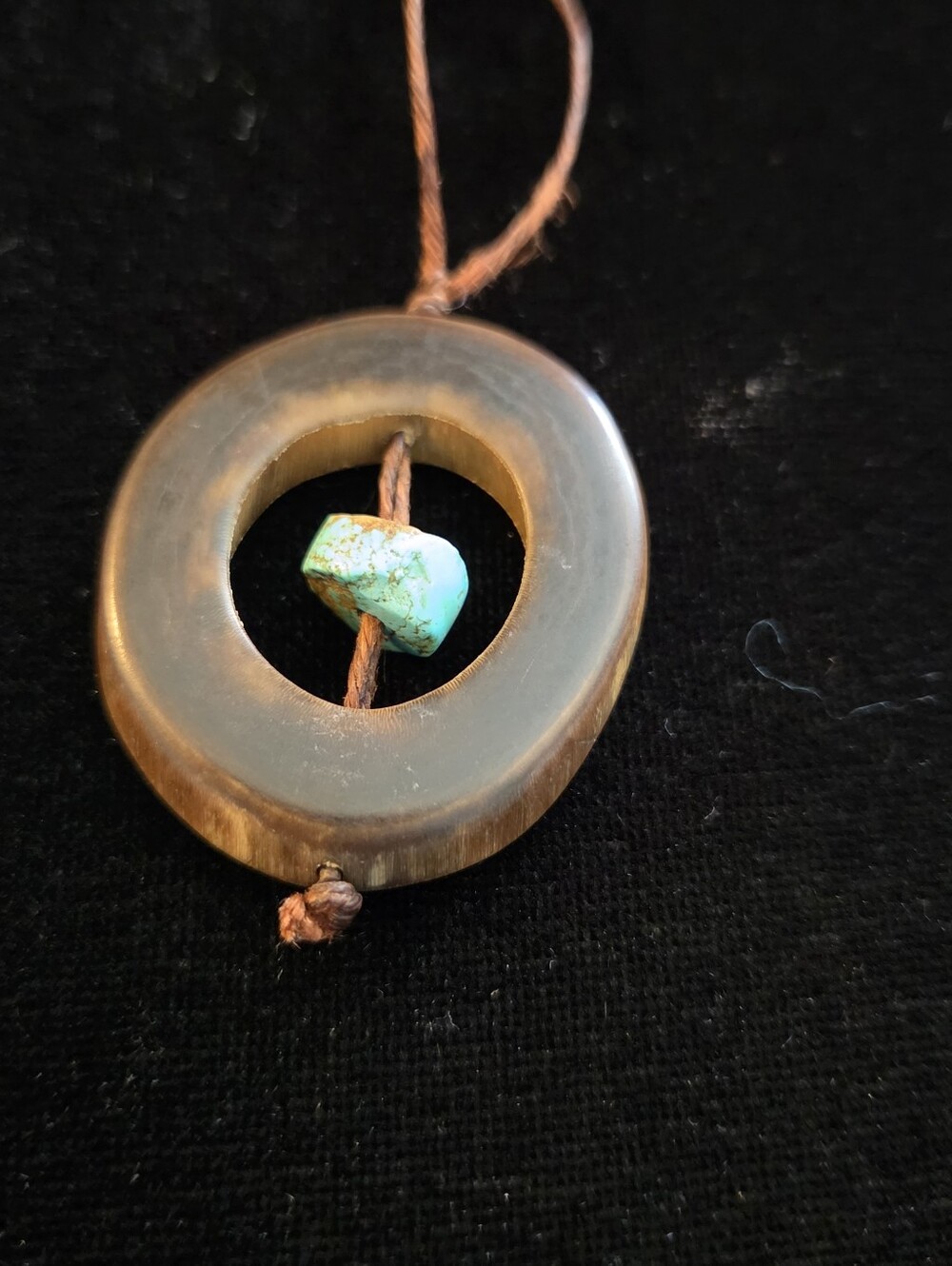 Handcrafted Pendant Bone & Turquoise Leather Twine Robe Necklace Made In 60s